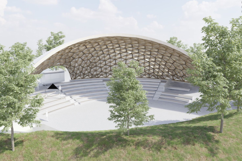 Aus der Forschung in die Praxis: Die innovative Überdachung der Parkarena auf der Landesgartenschau Furth (22.05. bis 05.10.2025) setzt mit Holz auf einen regionalen, nachwachsenden Rohstoff, der ressourcenschonend verwendet wird. Das Dach kommt dank der Unterstützung der Technischen Hochschule in Augsburg ohne zusätzliche Tragkonstruktionen aus anderen Materialien aus. Foto: Projektteam Park Arena Furth, Prof. C. Robeller + P. Hickl