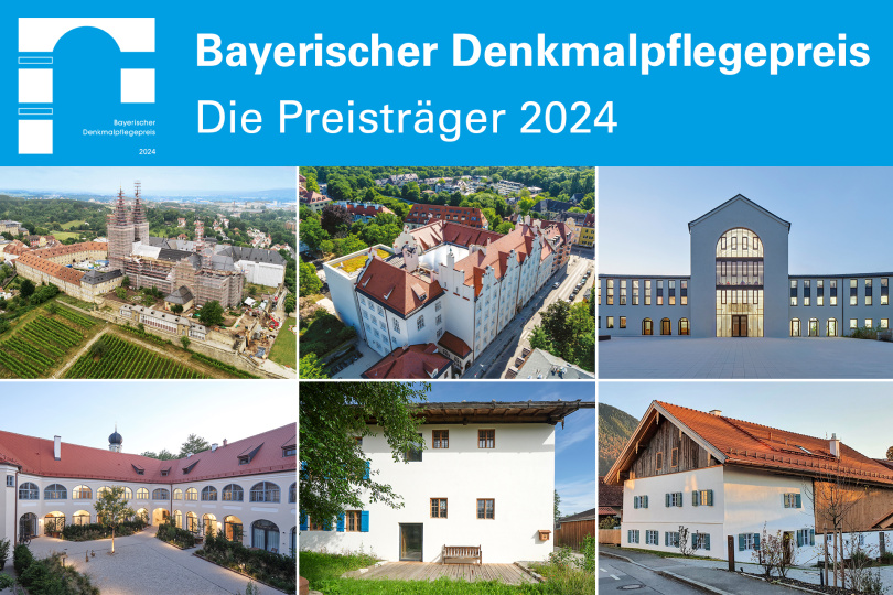 Bayerischer Denkmalpflegepreis - Die Preisträger 2024. Fotos von links oben nach rechts unten: Stadt Bamberg, Bauunternehmen Hansjörg Kunze GmbH, Constantin Meyer, Stefan Müller-Naumann (2x), Stephan Rauscher 